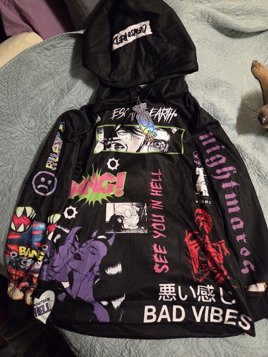 suger hill Other - Black Graphic Performance Hoodie with Multicolor Anime Panels